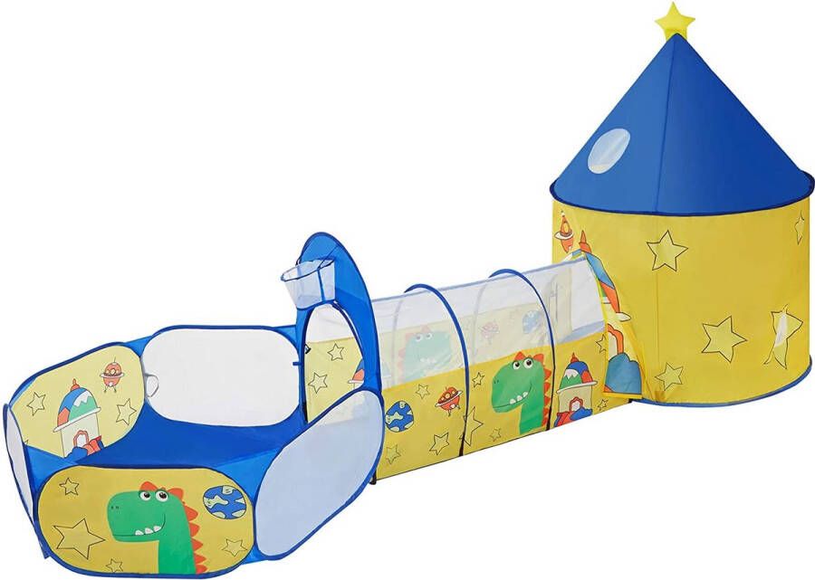 Songmics 3-in-1 speeltent pop-up met tunnel ballenbad basketbalhoepel voor kinderen voor binnen en buiten met dinosaurusmotief cadeau-idee voor verjaardag geel-blauw LPT702Y01