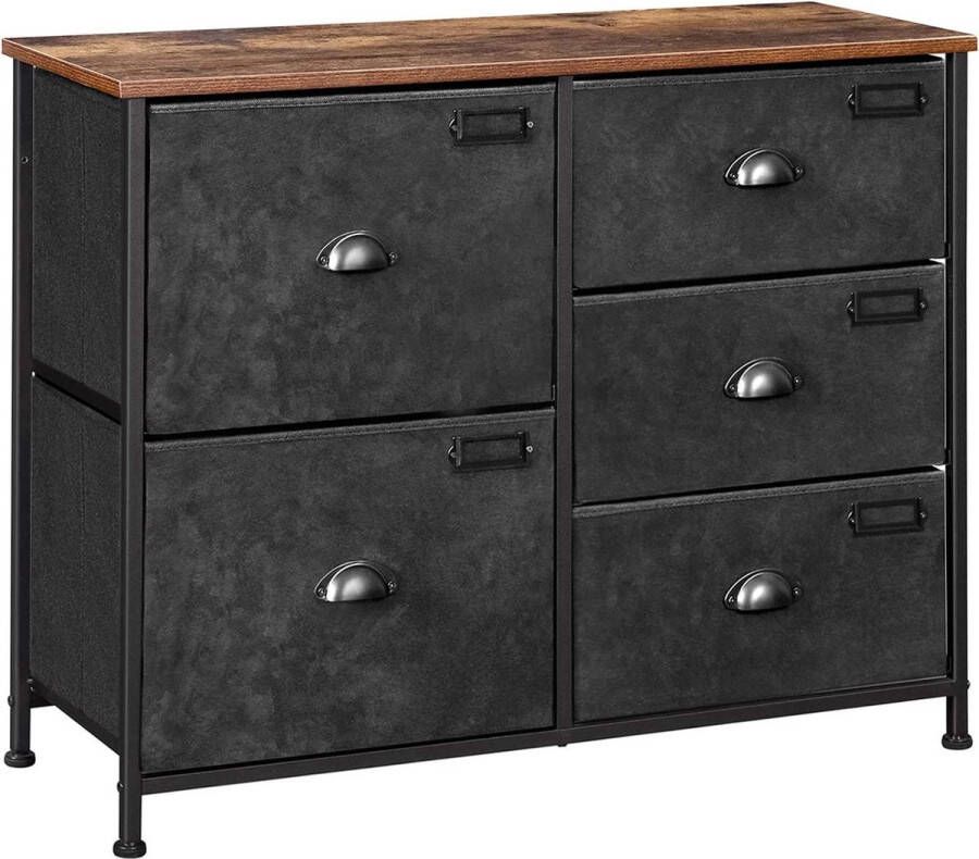 ZAZA Home SONGMICS Commode kast met 5 stoffen laden stalen frame voor woonkamer slaapkamer hal vintage bruin-zwart LVT05H