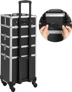 Songmics Cosmetische koffer professionele make-upkoffer 4-in-1 reiskoffer grote kapperswagen afsluitbaar met 360 ° roterende universele wielen zwart HMJHZ11BK