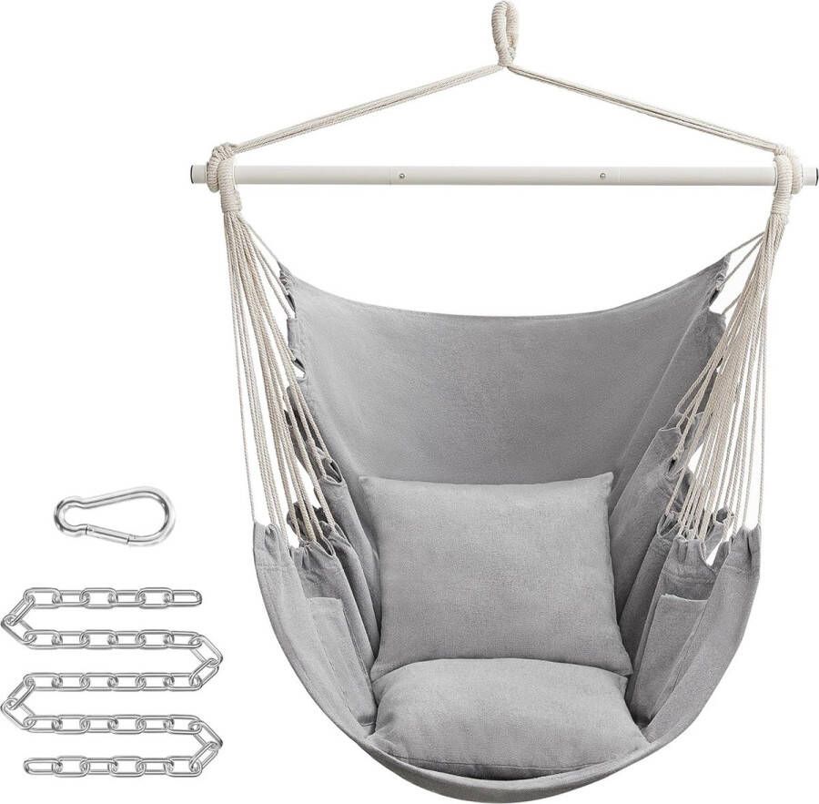 Songmics Hangstoel hangschommel hangstoel met 2 kussens metalen ketting belastbaar tot 150 kg binnen en buiten woonkamer slaapkamer duifgrijs