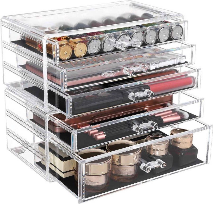 Songmics Make-up Organiser 2-delige opbergdozen voor sieraden en cosmetica stapelbaar met 5 laden transparant polystyreen JMU32TP