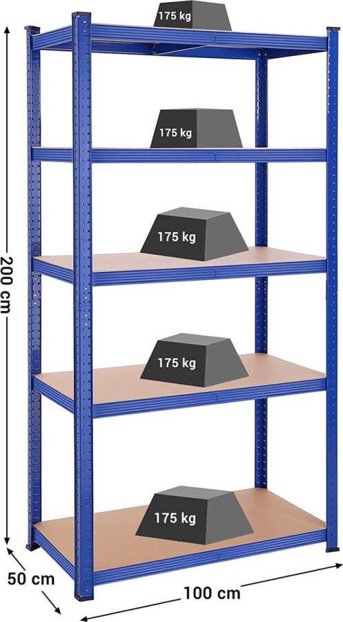 Songmics opbergplank met 5 legplanken 200 x 100 x 50 cm belastbaar tot 875 kg (175 kg per plank) heavy-duty plank in hoogte verstelbare planken versterkt stalen frame blauw GLR050Q01