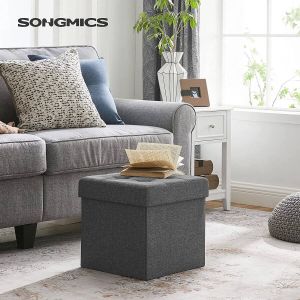 Songmics Zitkruk met opbergruimte zitkubus met deksel zitkist opbergbox opvouwbaar max. statische belastbaarheid 300 kg 40 l 38 x 38 x 38 cm imitatie linnen donkergrijs LSF27Z