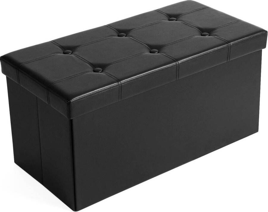 Songmics Zitpoef zitbank met opbergruimte opvouwbaar 2-zits opbergbox belastbaar tot 300 kg kunstleer zwart 76 x 38 x 38 cm poef met opbergruimte