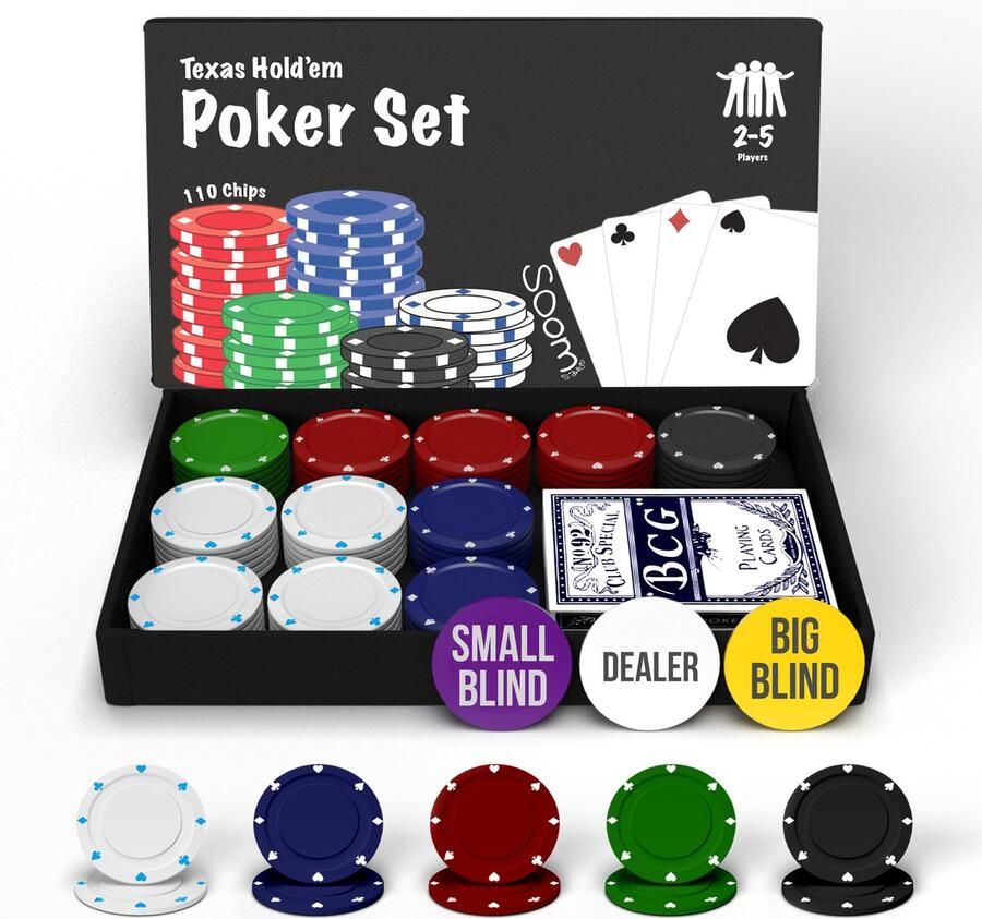 Soom Games Pokerset met 110 Poker Chips (2-5 Spelers) Compacte Texas Hold'em Poker Set Inclusief Kaartspel Big Blind Button Small Blind Button Dealer Button