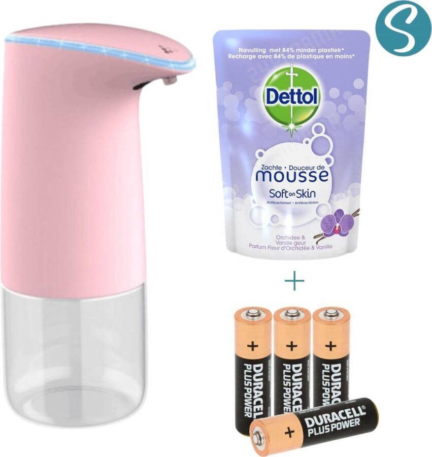Soopz Bright Pink Vivid met Dettol & Batterijen Automatische zeepdispenser Met Vanille & Orchidee zeep No touch Wit Zeepdispenser met sensor 450ml Zeeppompje