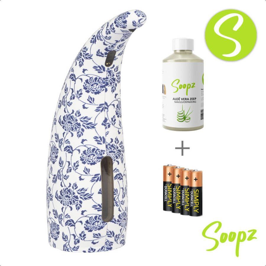 Soopz Delft Blue Classic met navulzeep & batterijen Automatische zeepdispenser met Aloë Vera Zeep No touch sensor Blauw bloemenpatroon 300ml – Zeeppompje