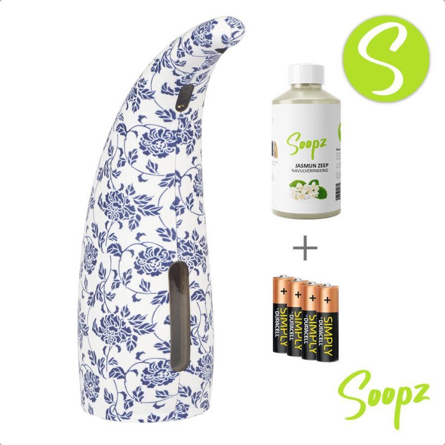 Soopz Delft Blue Classic met navulzeep & batterijen Automatische zeepdispenser met Jasmijn Zeep No touch sensor Blauw bloemenpatroon 300ml – Zeeppompje