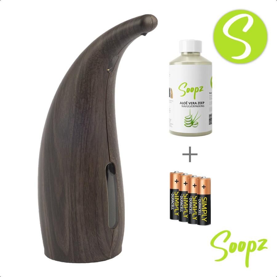 Soopz Dark Wood Classic met navulzeep & batterijen Automatische zeepdispenser met Aloë Vera Zeep No touch sensor Donker Eiken 300ml – Zeeppompje