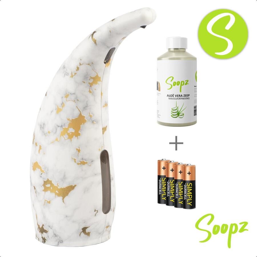 Soopz Marble Gold Classic met navulzeep & batterijen Automatische zeepdispenser met Aloë Vera zeep No touch sensor Goudkleur 300ml – Zeeppompje