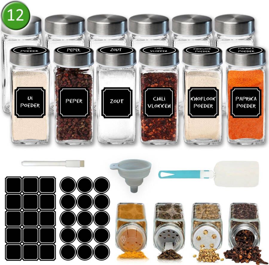 Soothe 12 Glazen Kruidenpotjes Vierkant met RVS Deksel – 2 Soorten Strooideksels – Kruidenstrooier – Compleet Pakket incl Kruidenpotjes Stickers Krijtstift en Accessoires – 120ml