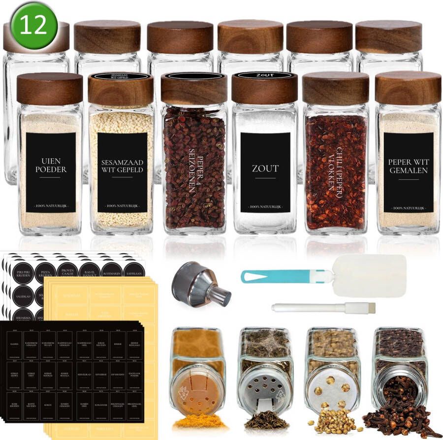 Soothe 12 Glazen Kruidenpotjes Vierkant met Acacia Deksel – 2 Soorten Strooideksels – Kruidenstrooier – Compleet Pakket incl Kruidenpotjes Stickers Krijtstift en Accessoires – 120ml