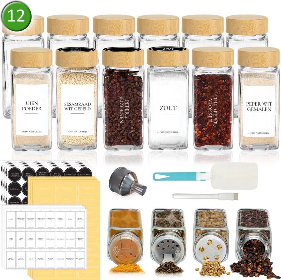 Soothe 12 Glazen Kruidenpotjes Vierkant met Bamboe Deksel – 2 Soorten Strooideksels – Kruidenstrooier – Compleet Pakket incl Kruidenpotjes Stickers Krijtstift en Accessoires – 120ml