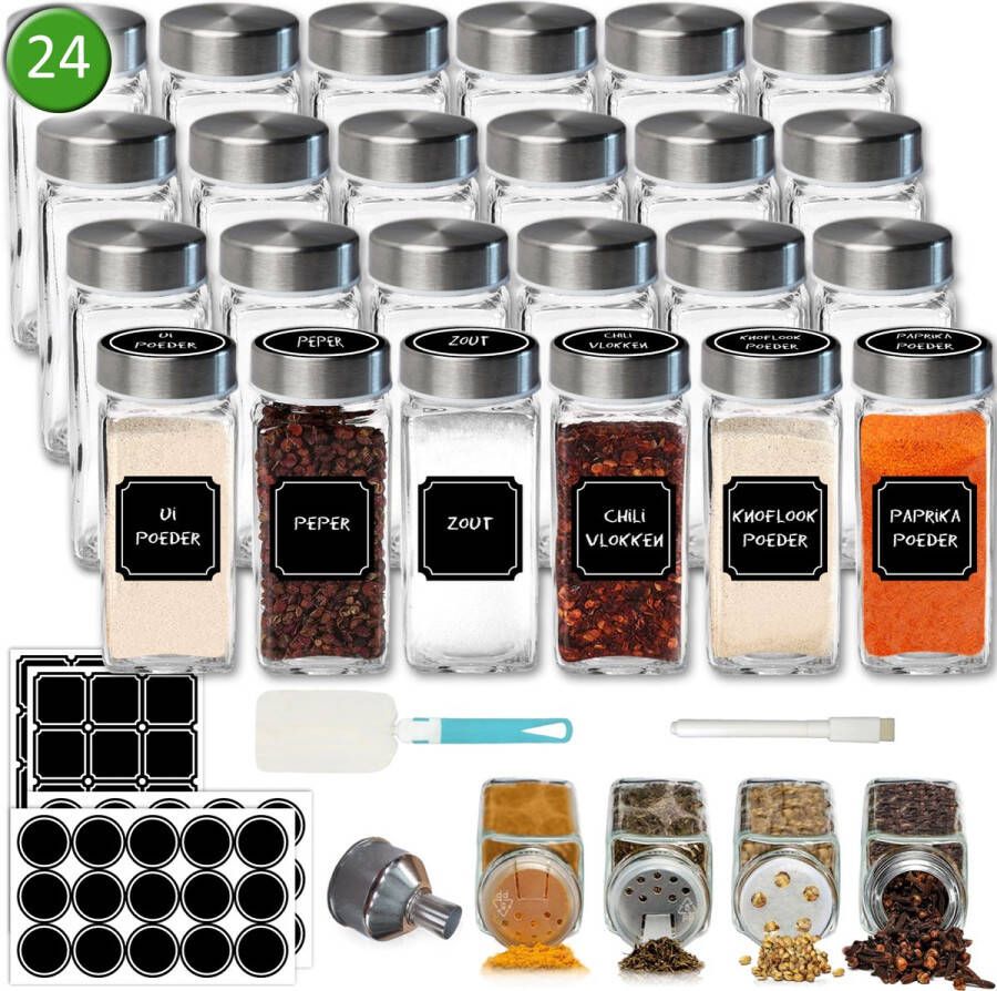 Soothe 24 Glazen Kruidenpotjes Vierkant met RVS Deksel – 2 Soorten Strooideksels – Kruidenstrooier – Compleet Pakket incl Kruidenpotjes Stickers Krijtstift en Accessoires – 120ml