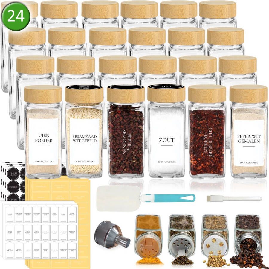 Soothe 24 Glazen Kruidenpotjes Vierkant met Bamboe Deksel – 2 Soorten Strooideksels – Kruidenstrooier – Compleet Pakket incl Kruidenpotjes Stickers Krijtstift en Accessoires – 120ml