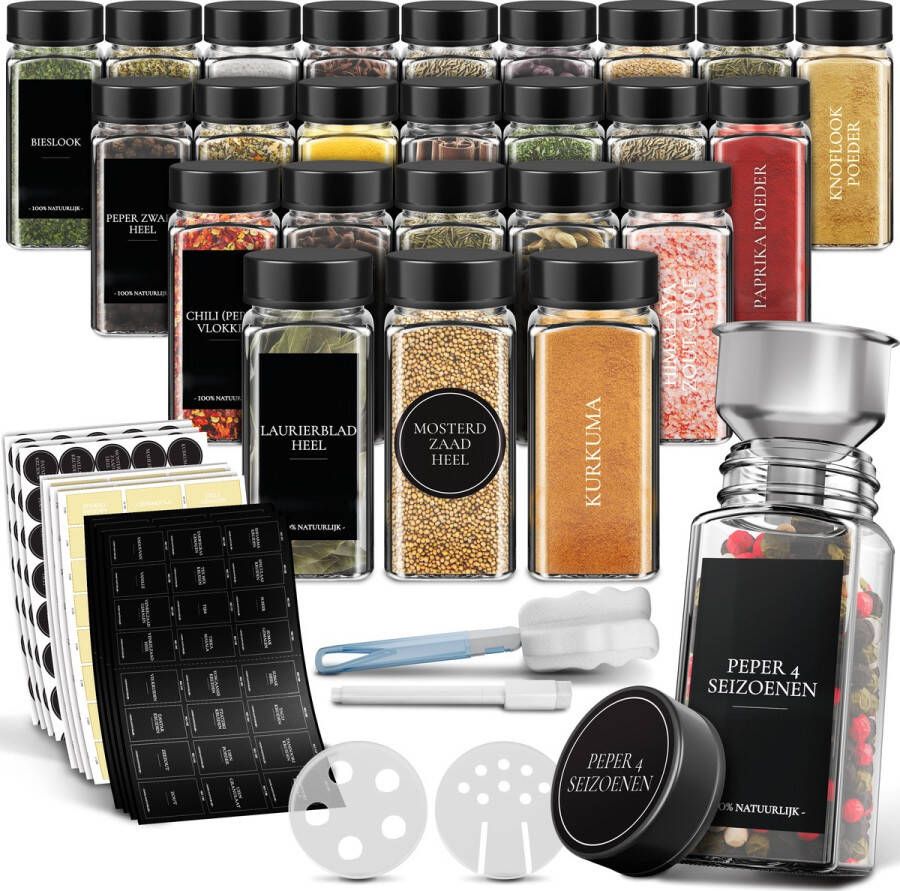 Soothe 24 Glazen Kruidenpotjes Vierkant met Zwarte Deksel – 2 Soorten Strooideksels – Kruidenstrooier – Spice Jars – Complete Set incl Kruiden Stickers Krijtstift en Accessoires – 120ml