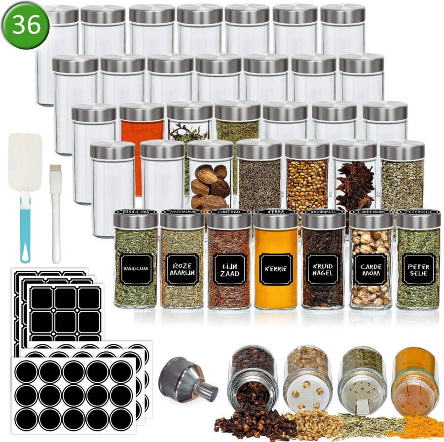 Soothe 36 Glazen Kruidenpotjes Rond met RVS Deksel – 2 Soorten Strooideksels – Kruidenstrooier – Compleet Pakket incl Kruidenpotjes Stickers Krijtstift en Accessoires – 100ml