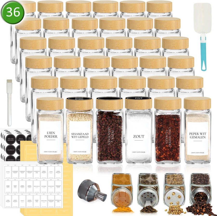 Soothe 36 Glazen Kruidenpotjes Vierkant met Bamboe Deksel – 2 Soorten Strooideksels – Kruidenstrooier – Compleet Pakket incl Kruidenpotjes Stickers Krijtstift en Accessoires – 120ml