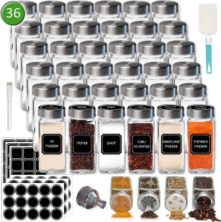 Soothe 36 Glazen Kruidenpotjes Vierkant met RVS Deksel – 2 Soorten Strooideksels – Kruidenstrooier – Compleet Pakket incl Kruidenpotjes Stickers Krijtstift en Accessoires – 120ml