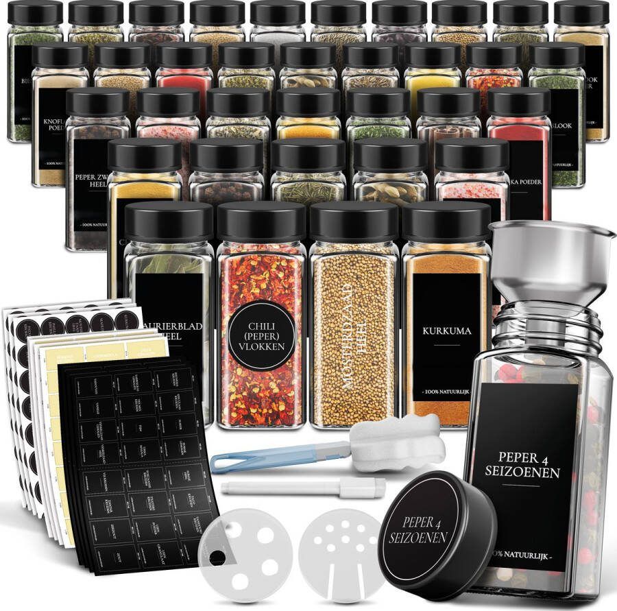 Soothe 36 Glazen Kruidenpotjes Vierkant met Zwarte Deksel – 2 Soorten Strooideksels – Kruidenstrooier – Spice Jars – Complete Set incl Kruiden Stickers Krijtstift en Accessoires – 120ml