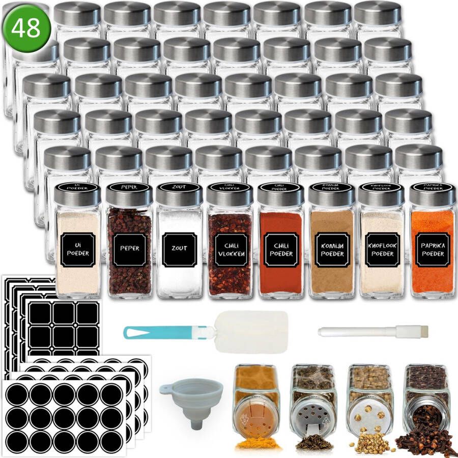 Soothe 48 Glazen Kruidenpotjes Vierkant met RVS Deksel – 2 Soorten Strooideksels – Kruidenstrooier – Compleet Pakket incl Kruidenpotjes Stickers Krijtstift en Accessoires – 120ml