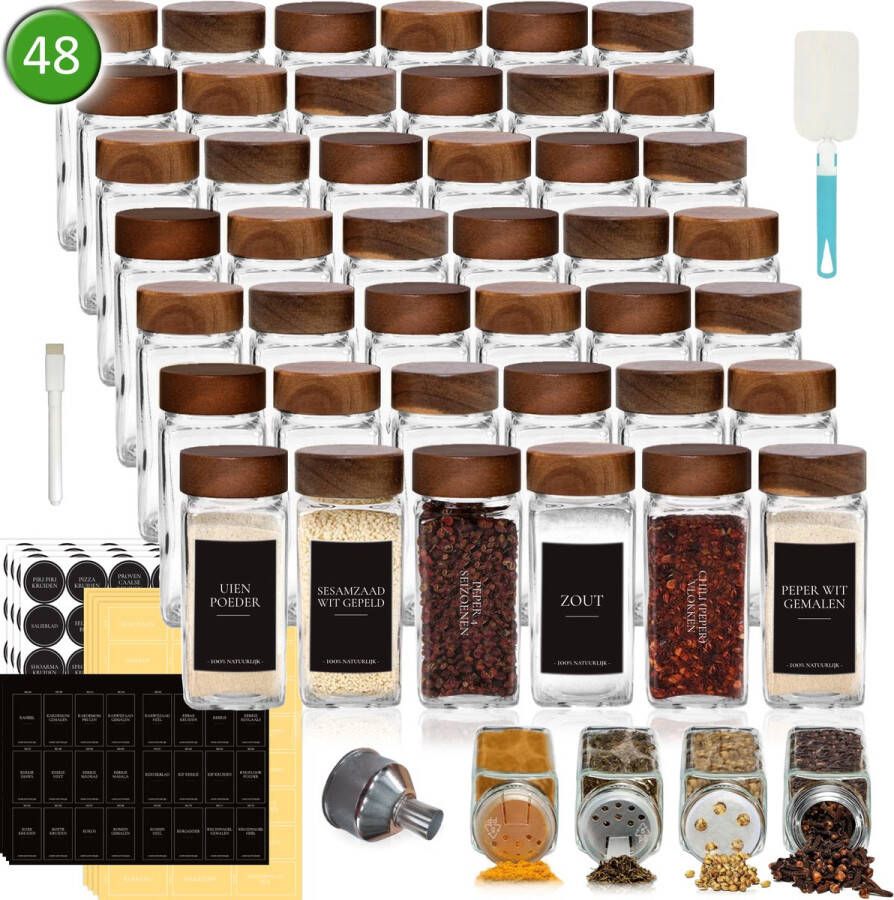 Soothe 48 Glazen Kruidenpotjes Vierkant met Acacia Deksel – 2 Soorten Strooideksels – Kruidenstrooier – Compleet Pakket incl Kruidenpotjes Stickers Krijtstift en Accessoires – 120ml