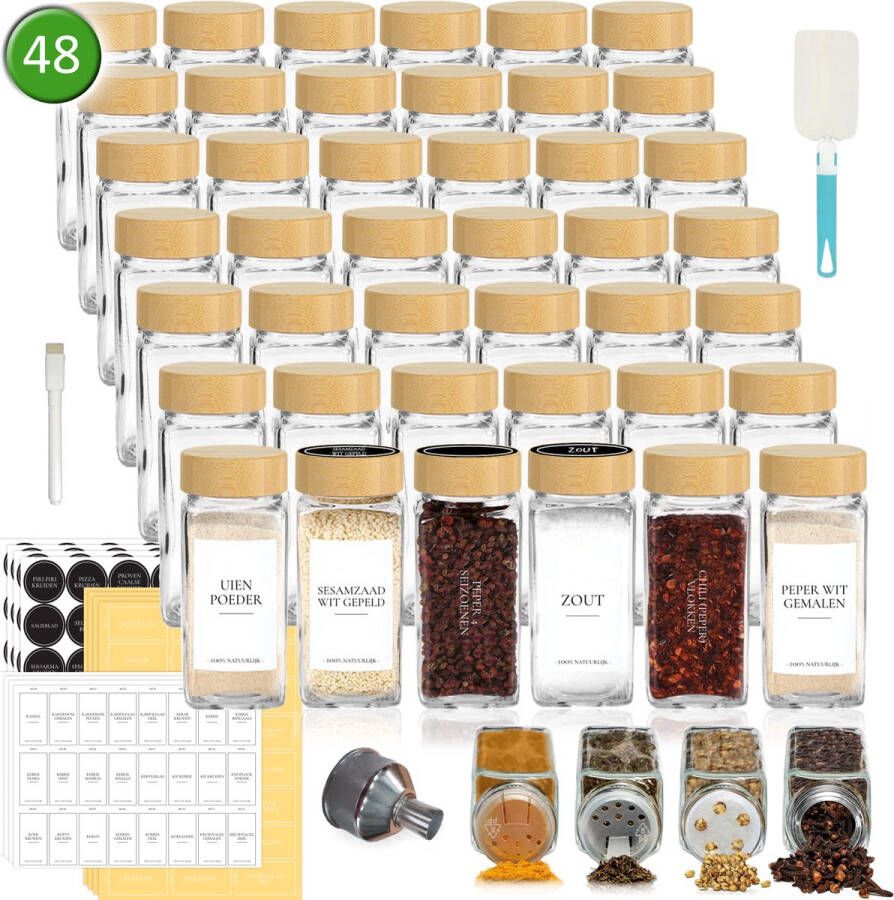 Soothe 48 Glazen Kruidenpotjes Vierkant met Bamboe Deksel – 2 Soorten Strooideksels – Kruidenstrooier – Compleet Pakket incl Kruidenpotjes Stickers Krijtstift en Accessoires – 120ml