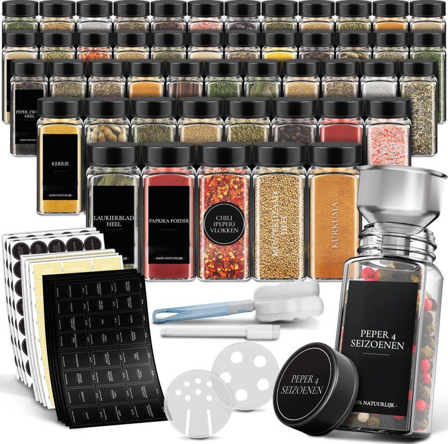 Soothe 48 Glazen Kruidenpotjes Vierkant met Zwarte Deksel – 2 Soorten Strooideksels – Kruidenstrooier – Spice Jars – Complete Set incl Kruiden Stickers Krijtstift en Accessoires – 120ml