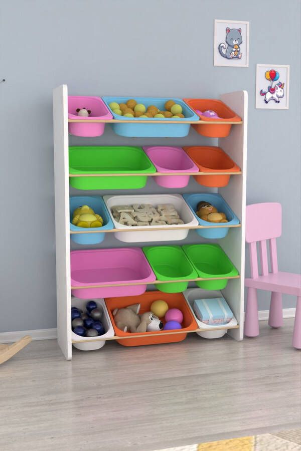 Soof & Tess Soph&Tess Kinderkast opbergkast speelgoedkast met kisten gekleurd speelgoedkist