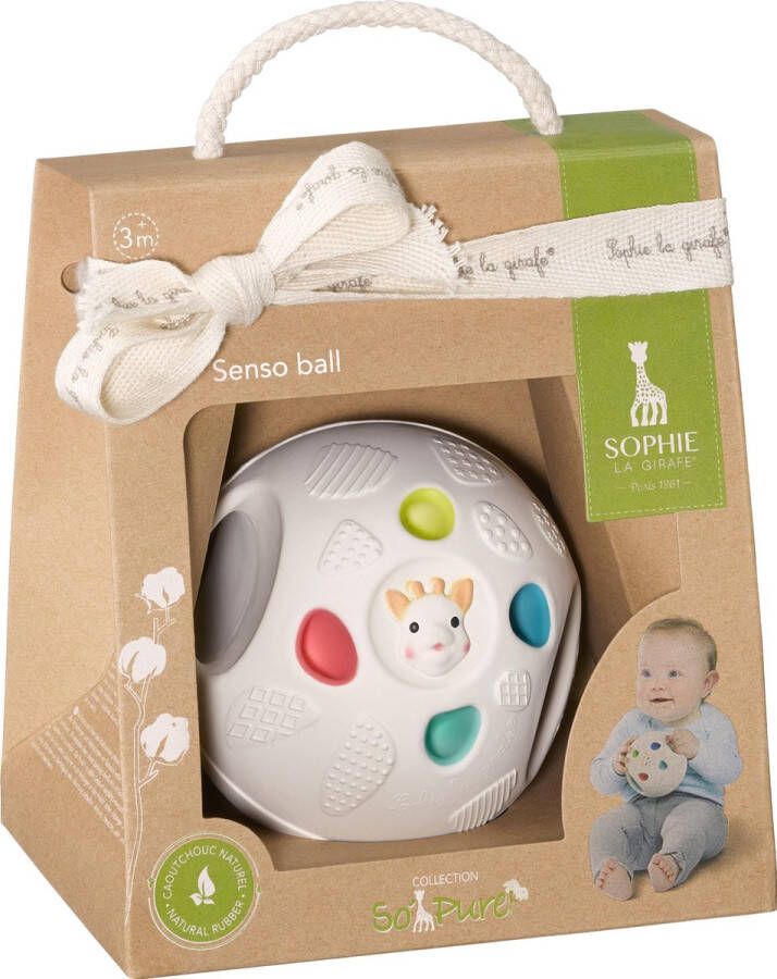 Sophie de Giraf So'Pure Senso'Ball Speelbal Babyspeelgoed Speelgoedbal 100% natuurlijk rubber OK-Biobased In gerecyled geschenkdoosje met organic katoenen strikje Ø9.5 cm