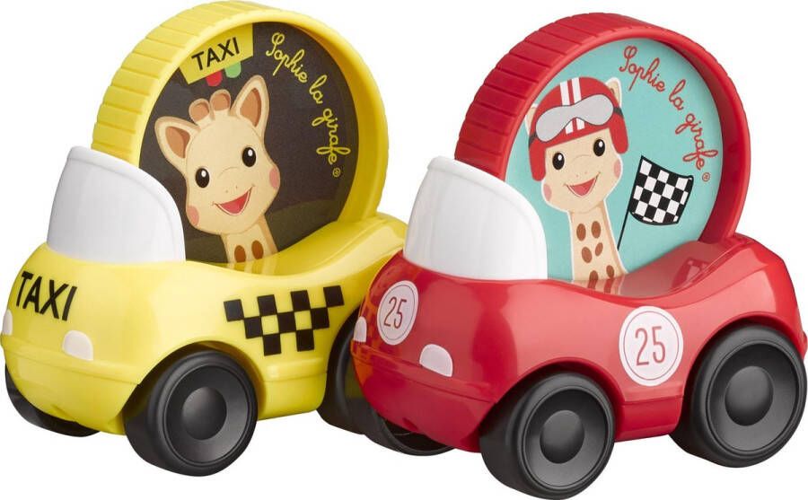 Sophie de Giraf Speelgoedauto Speelgoed autos Baby speelgoed Race auto & Taxi Vanaf 10 maanden 6.8x6.8x4.5 cm Rood Geel Set van 2
