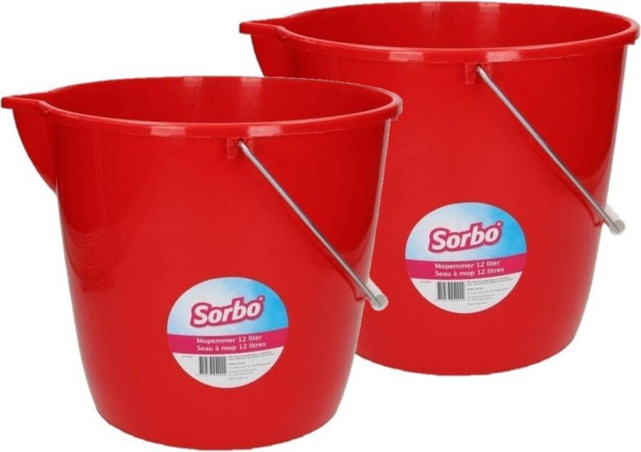 Sorbo 4x stuks mop schoonmaak emmer rood 12 liter emmer met maataanduiding en schenktuit