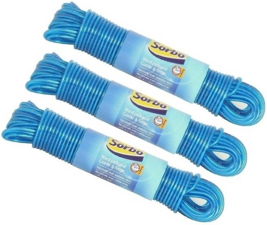 Sorbo Set van 3x stuks waslijndraad waslijn staal 20 meter drooglijn in wilekeurige kleuren