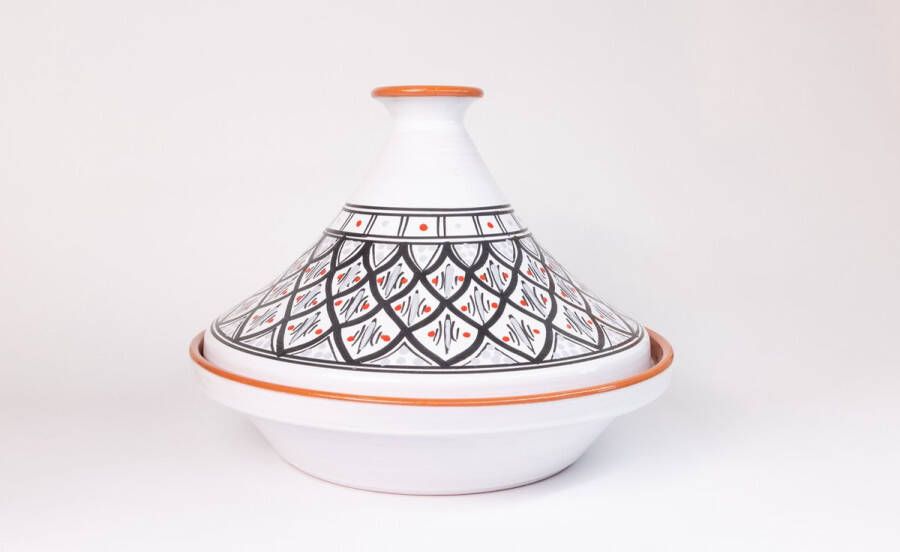 Souk Breda Unieke Handgemaakte Marokkaanse Kook Tajine (Geglazuurd) Wit met Zwart Patroon XL