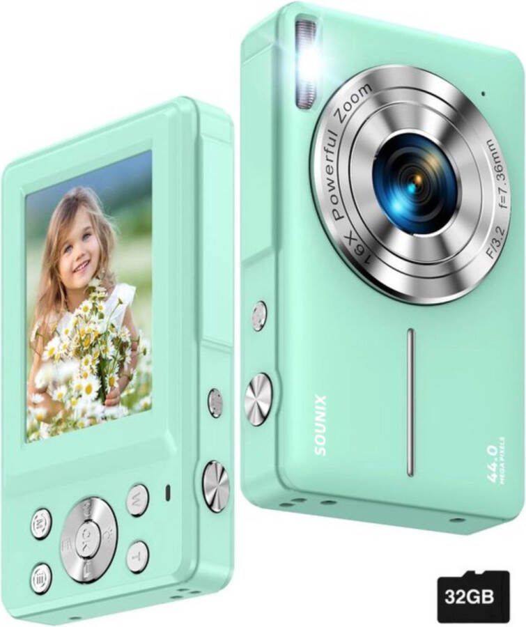 Sounix Kindercamera 1080P Camerazoom Functie 44MP 16X Zoom Kindercamera Kinderspeelgoed Groen