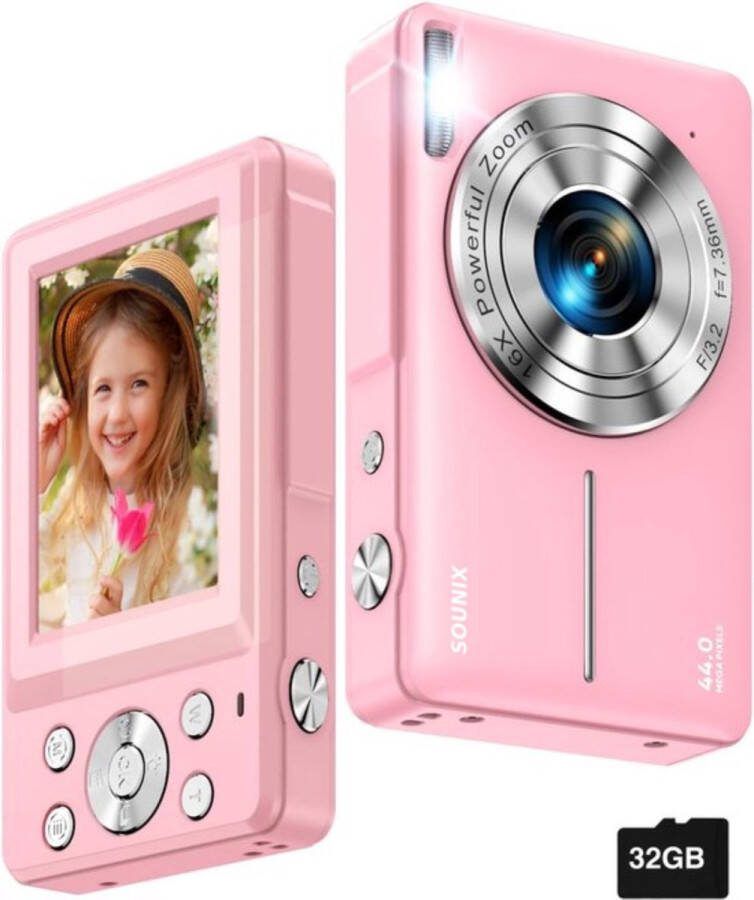 Sounix Kindercamera 1080P Camerazoom Functie 44MP 16X Zoom Kindercamera Kinderspeelgoed Roze