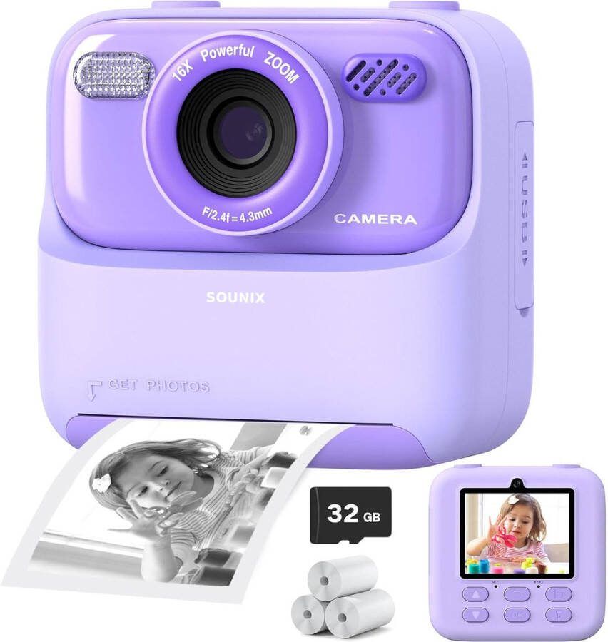Sounix Kindercamera Full HD met Printer Selfie Camera met 32G SD kaart Digitale Camera Kinderen Foto en Video Spelletjes Paars