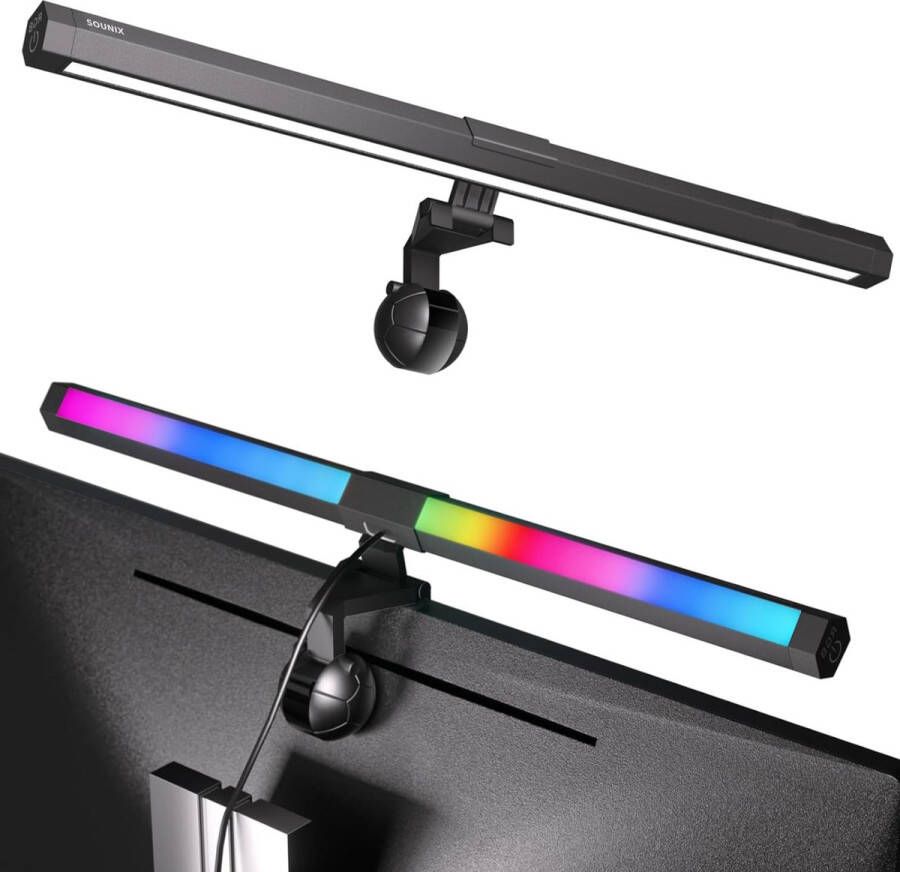 Sounix Monitor Lamp LED Bureaulamp via USB RGB Dimbaar Klemlap met Touch Bediening Zwart