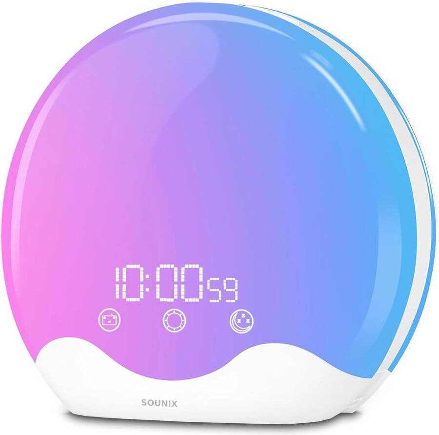 Sounix Wake Up Light Met USB Oplaadpunt Sleep Lamp Digitale Wekker met lamp Antislip Wit