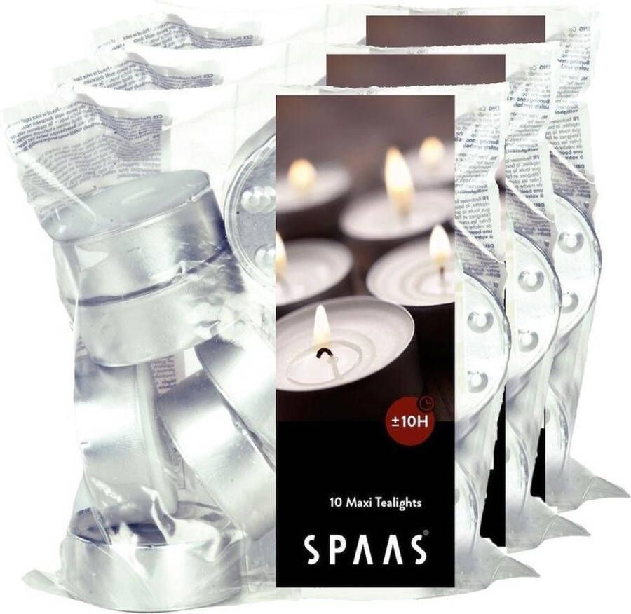 Spaas 30x Witte maxi theelichtjes waxinelichtjes 10 branduren in zak Geurloze kaarsen