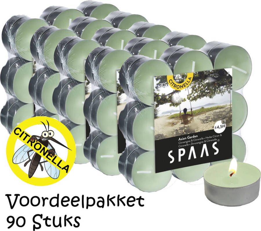 Spaas Kaarsen Citronella Theelichtjes SPAAS© Kaarsen VOORDEELVERPAKKING van 90 Stuks (5x18) Waxinelichtjes roetvrij 4 5 uur Brandtijd – Lemon Breese