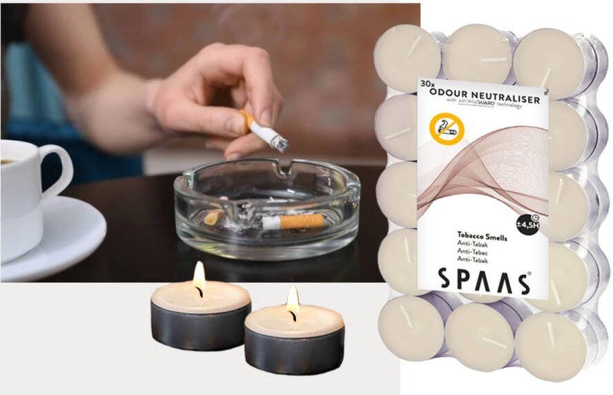 Spaas Kaarsen SPAAS Geur blokkerende Theelichtjes met Aromaguard 30 Stuks Geur verwijderaar Geurneutraliserende Waxinelichtjes Luchtverfrisser Tegen Tabakgeurtjes