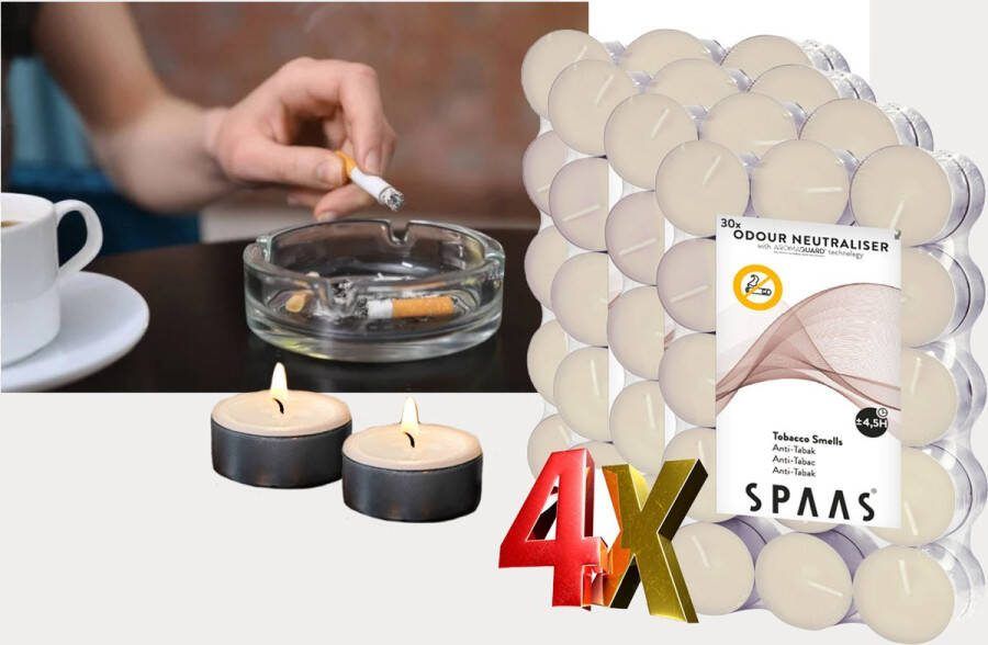 Spaas Kaarsen SPAAS Geur blokkerende Theelichtjes met Aromaguard Voordeelverpakking van 4x 30 Stuks Geur verwijderaar Geurneutraliserende Waxinelichtjes Luchtverfrisser Tegen Tabakgeurtjes