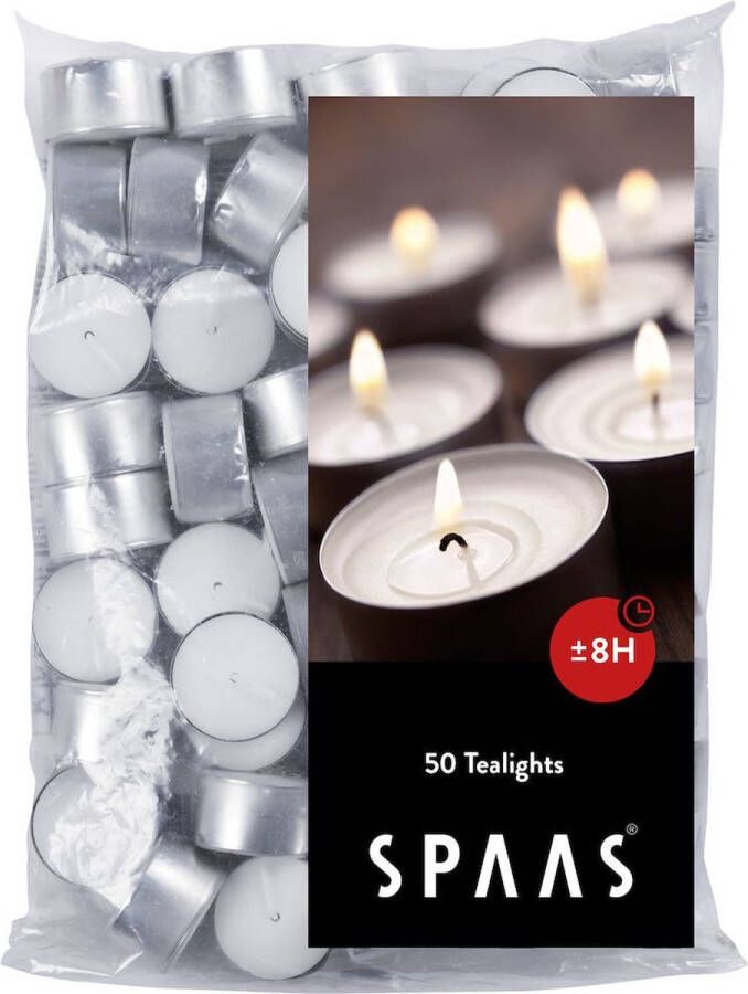 Candles by Spaas theelichtjes waxinelichtjes 8 branduren 50 stuks Wit