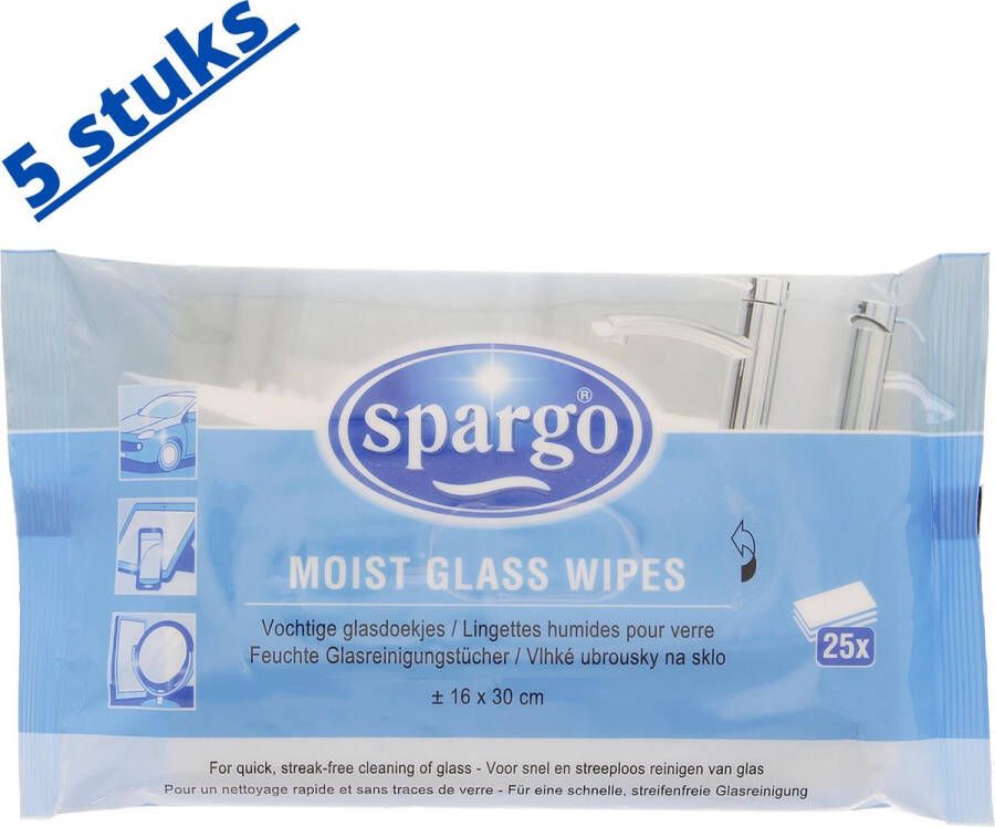 Spargo Glasreiniger -5 pakken Glazendoek Glasdoekjes Glasdoeken vochtige doekjes hygiënische doekjes reinigingsdoekjes schoonmaak Schoonmaakdoekjes vochtig