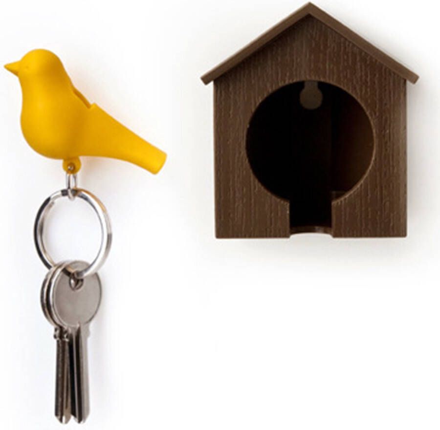Sparrow Vogelhuisje sleutelhanger Bruin huisje met gele vogel