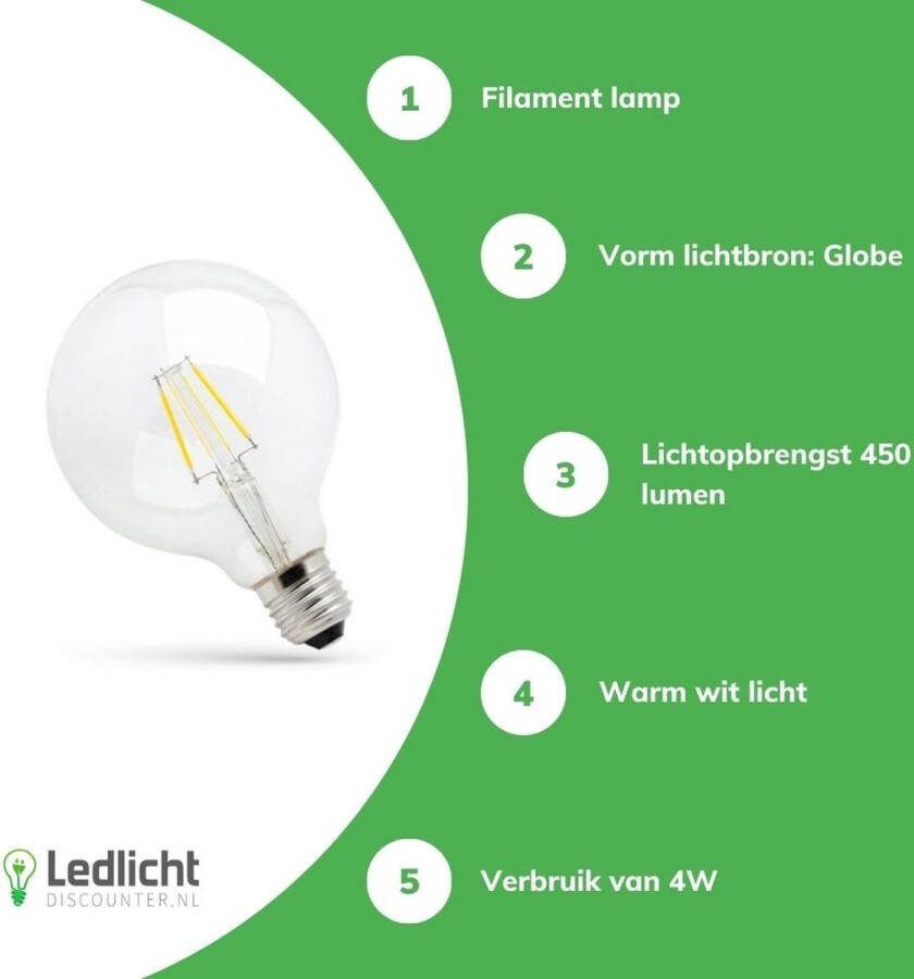 Spectrum LED Filament lamp E27 G95 4W vervangt 40W 2700K warm wit licht L Globe