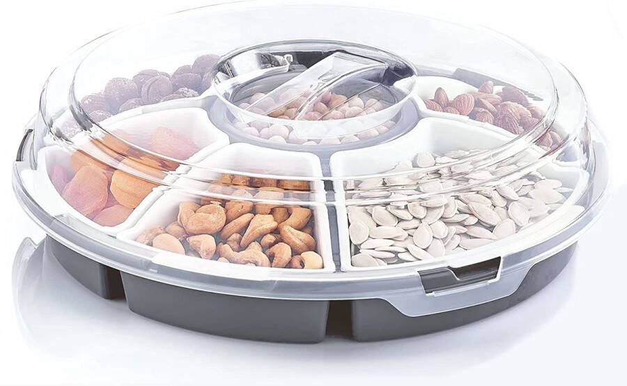 Spetebo Transport Serveerset met 6 schalen Ø 33 cm ronde snack en dip transportbox met deksel snackbord snackbox dip tapas kommen serveerborden vaatwasmachinebestendig