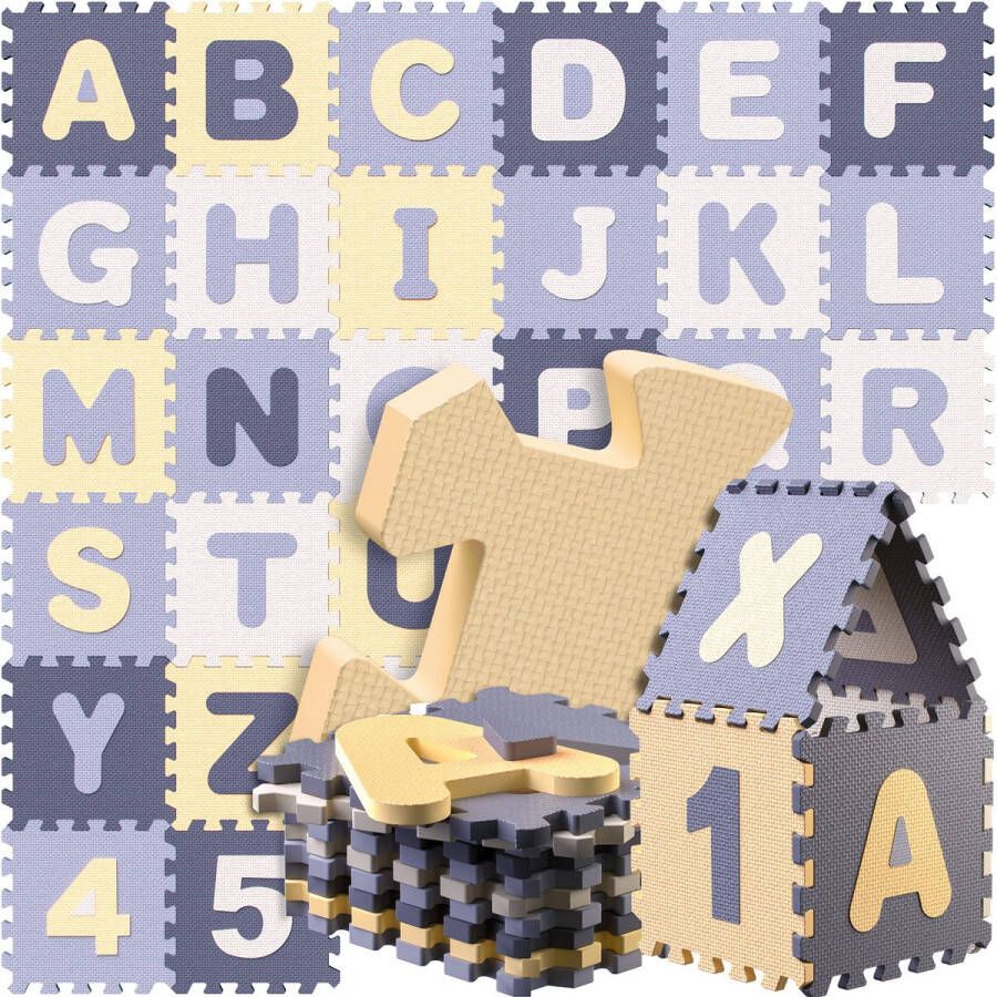 Spielwerk XXL Puzzelmat Schuim 86 Delen Cijfers Letters Grijs