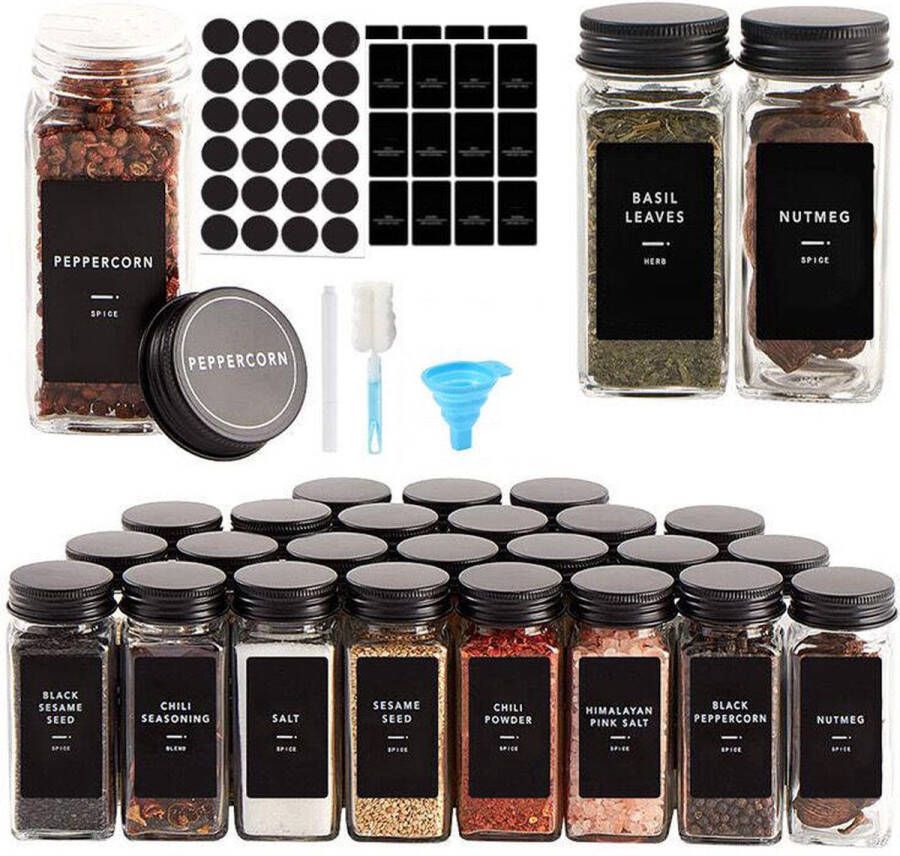Spieringstore Kruidenpotjes 24 stuks met Deksel Kruidenstrooier Complete set Strooideksels Incl. Stickers Inhoud 120 ml 10 5 x 4 3 cm Zwart